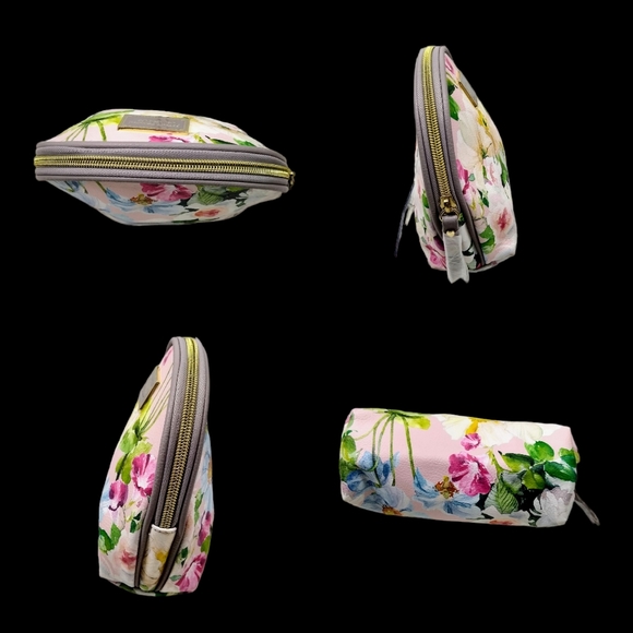 Betsey Johnson 7.5"t Vinyl Zip Gray Pink Floral Cosmetic Pouch Clutch NWOT - Picture 3 of 8